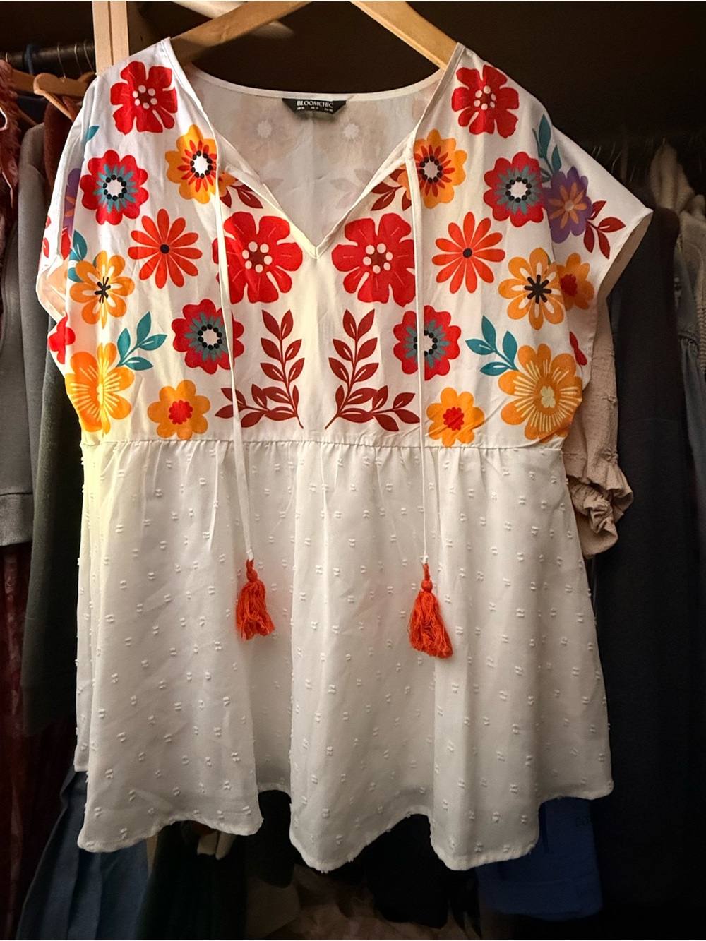 Bloomchic Boho Embroidered White Floral Peasant Top